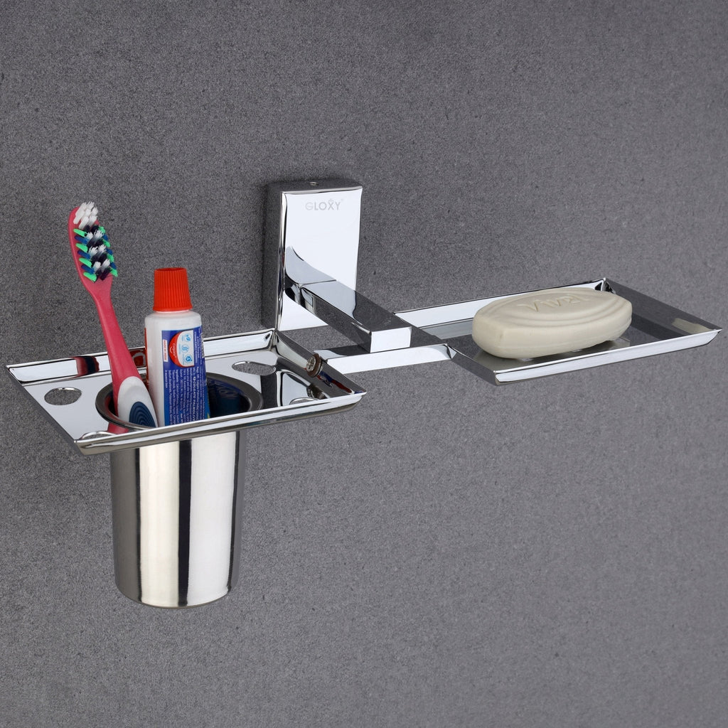 Gloxy Rectangular Shape Stainless Steel 304 Grade Chrome Finish Single Soap Holder With Tumbler Holder
