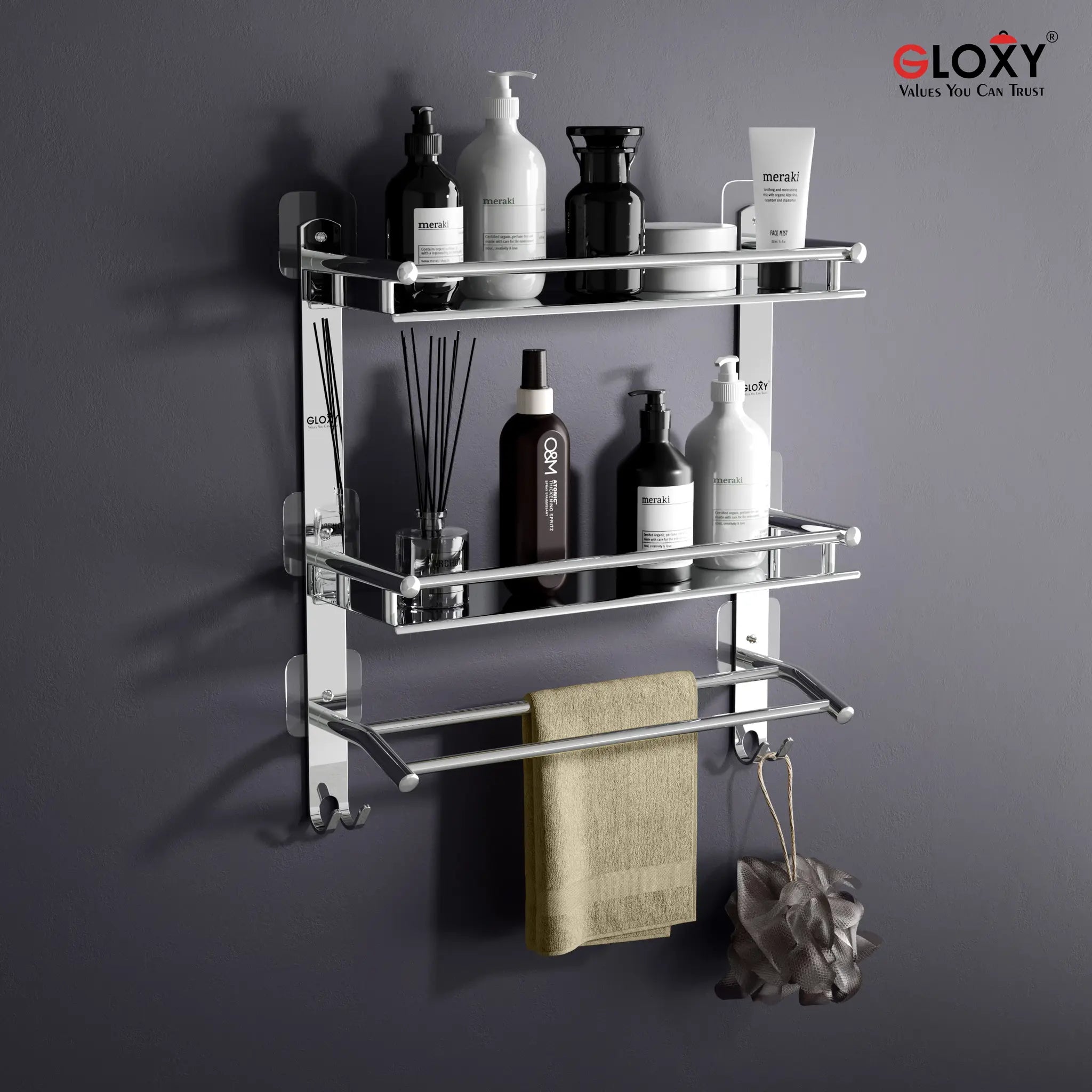 Gloxy Stainless Steel 3-Layer Chrome Finish Bathroom Shelf with Towel Holder-Adhesive Sticker Installation