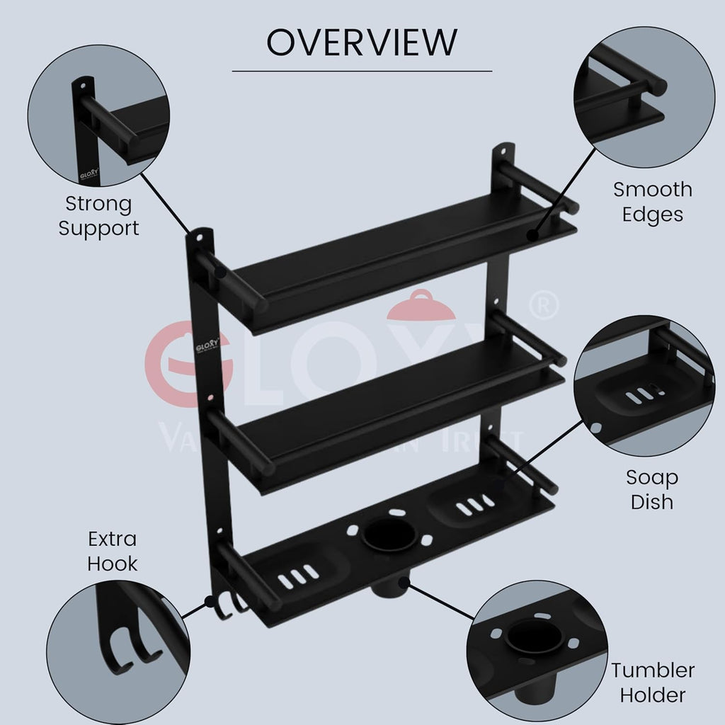 Gloxy Stainless Steel 3-Layer Black Finish Bathroom Shelf with with Soap Dish,Tumbler Holder & Hooks