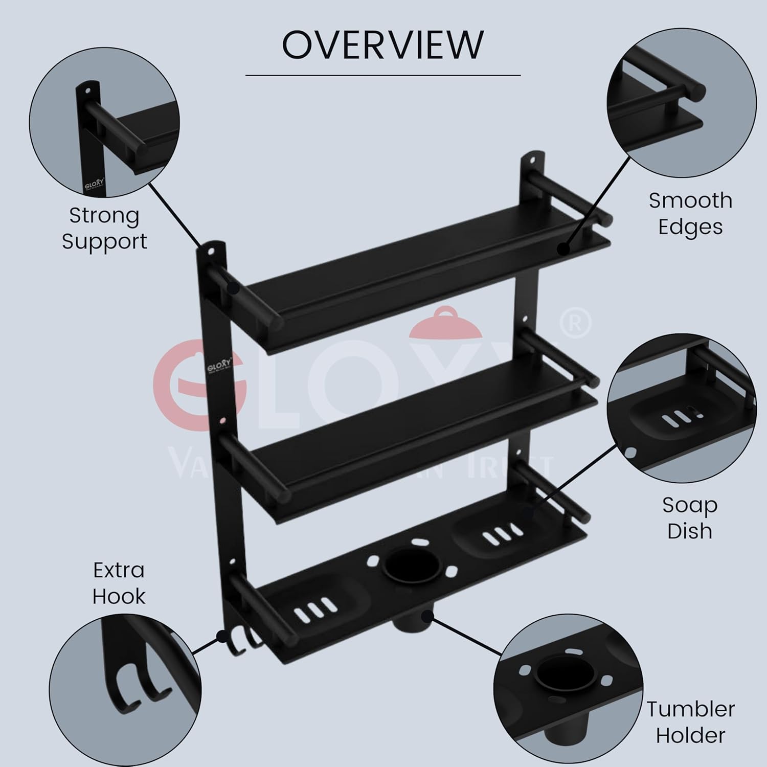 Gloxy Stainless Steel 3-Layer Black Finish Bathroom Shelf with with Soap Dish,Tumbler Holder & Hooks