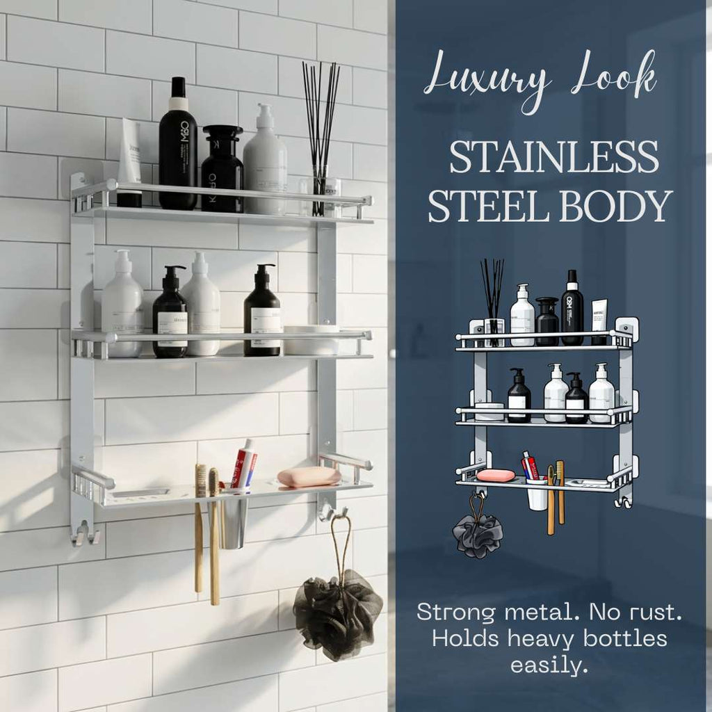 Rectangular Shape Stainless Steel Magic Sticker Shelf Adhesive Anti Rust 3 Layer Multipurpose Bathroom Shelf (15 x 5 x 19 inch, Silver)-by GLOXY®
