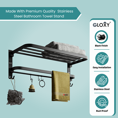 Gloxy Round Shape Stainless Steel Black Finsih Towel Bathroom Rack with Folding Bar-24 Inch