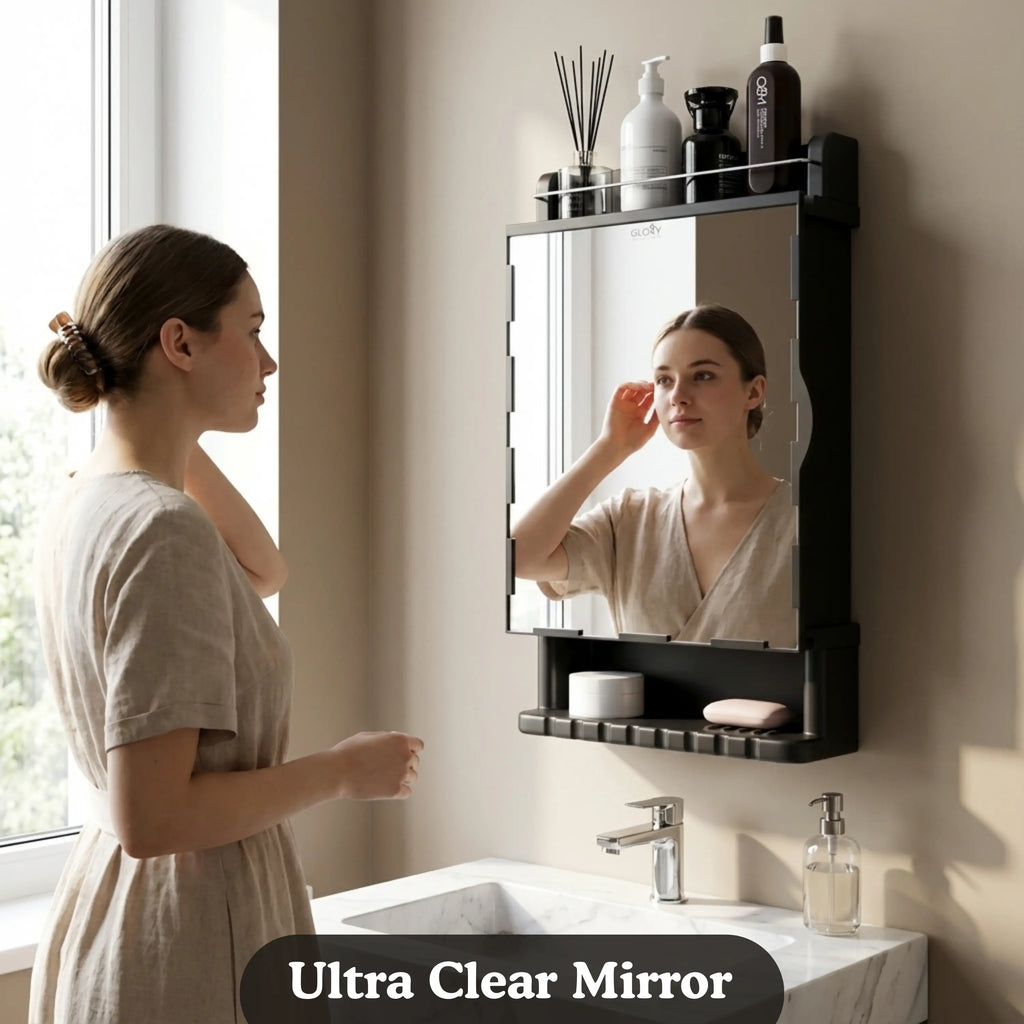 Gloxy Unbreakable Wall-Mounted Plastic Bathroom Cabinet with Mirror– Black