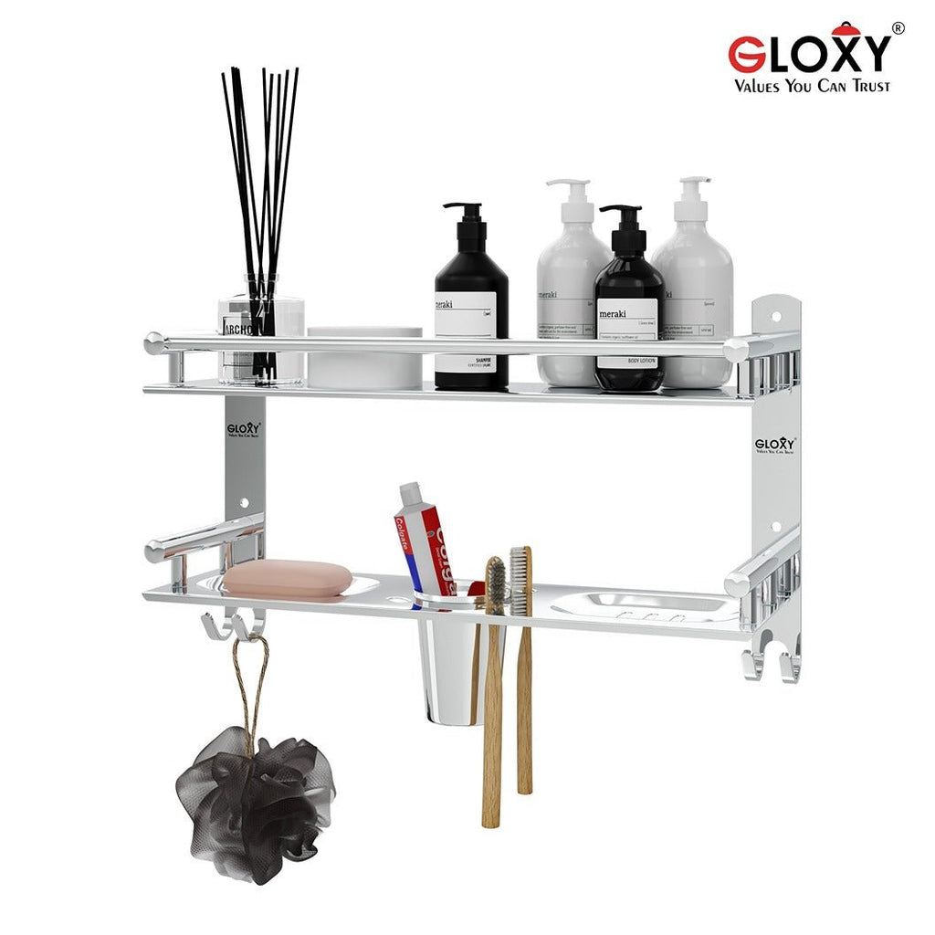 Gloxy Stainless Steel 2-Layer Chrome Finish Bathroom Shelf with Soap Dish,Tumbler Holder,Hooks