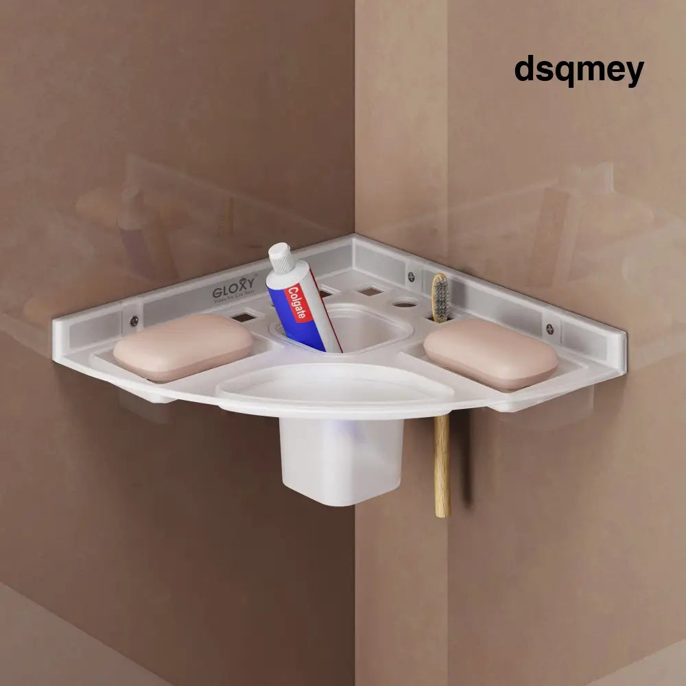 Gloxy Acrylic 1-Layer Matte Finish Bathroom Corner Shelf With Soap Dish And Tumbler Holder - Toothbrush Holders with