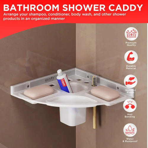 Gloxy Acrylic 1-Layer Matte Finish Bathroom Corner Shelf With Soap Dish And Tumbler Holder - Toothbrush Holders with