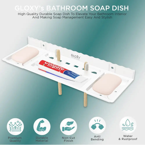 Gloxy Acrylic Matt Finish Plastic Soap Dish Holder With Toothbrush & Toothpaste Holder - Tumbler Holder with Soap Dish