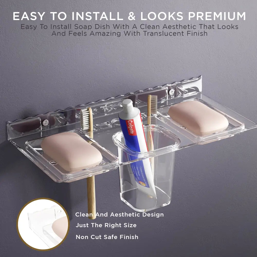 Gloxy Acrylic Transparent Double Soap Holder With Toothbrush And Brush Holder - Toothbrush Holders