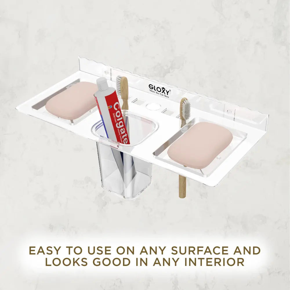 Gloxy Acrylic Transparent Double Soap Holder With Toothbrush And Brush Holder - Toothbrush Holders