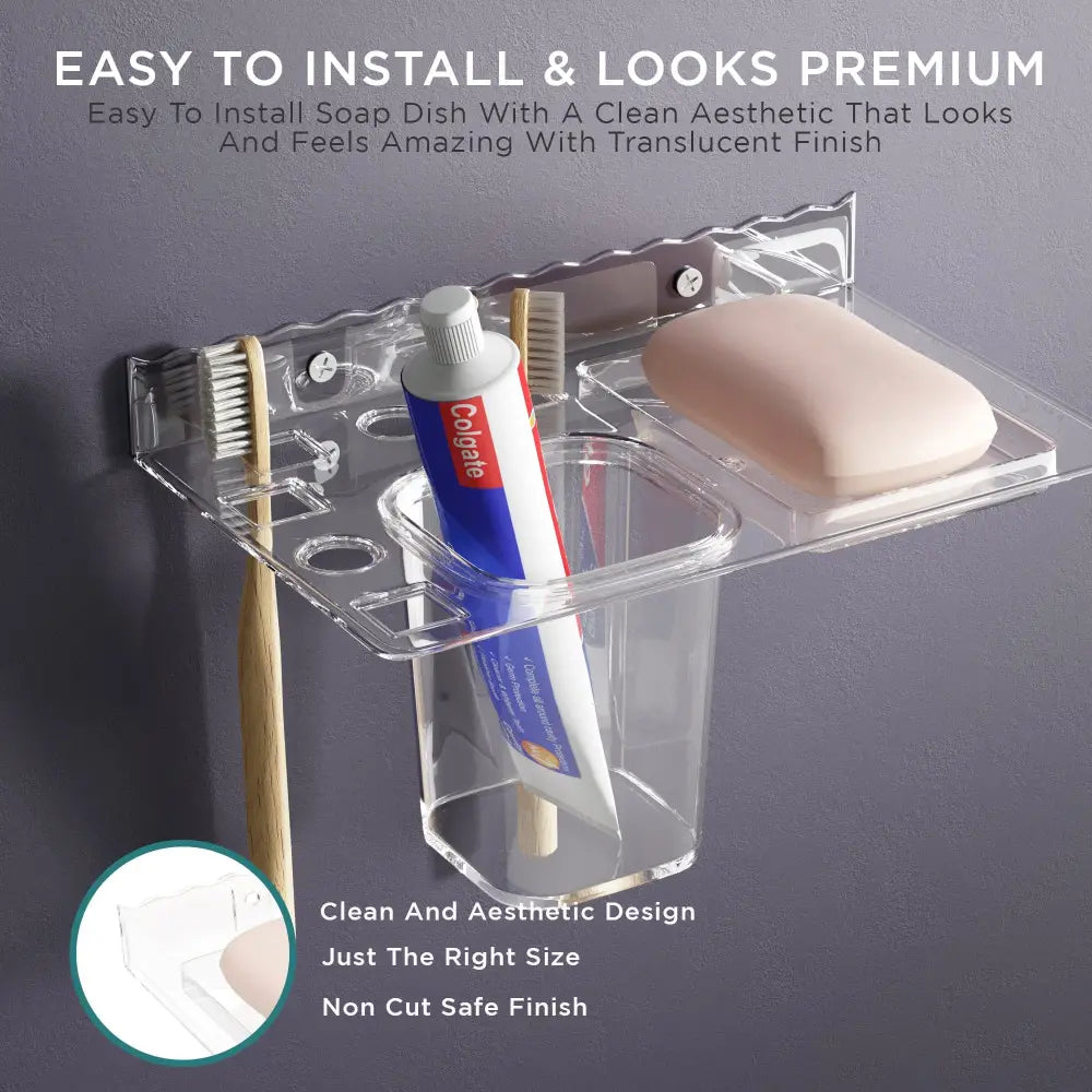 Gloxy Acrylic Transparent Single Soap Holder With Toothbrush And Toothpaste Holder - Toothbrush Holders
