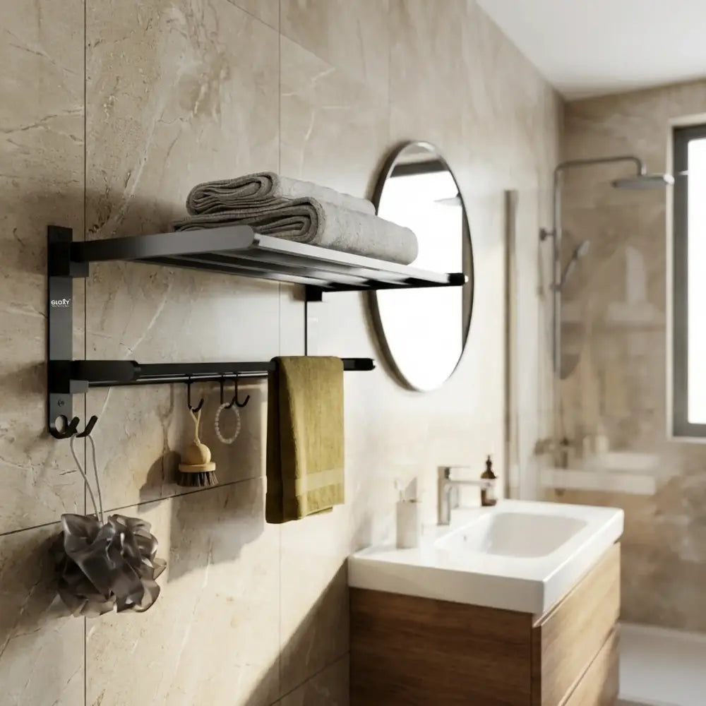 Gloxy Rectangular Shape Stainless Steel Black Finsih Folding 24 Inch Towel Rack For Bathroom