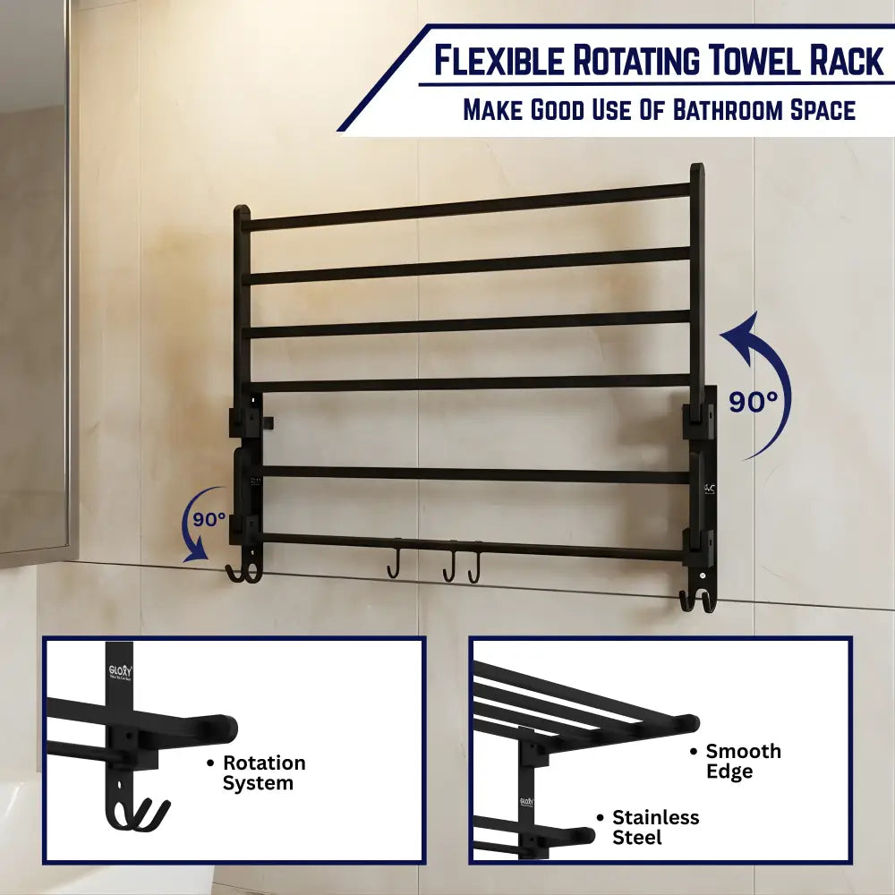 Gloxy Rectangular Shape Stainless Steel Black Finsih Folding 24 Inch Towel Rack For Bathroom