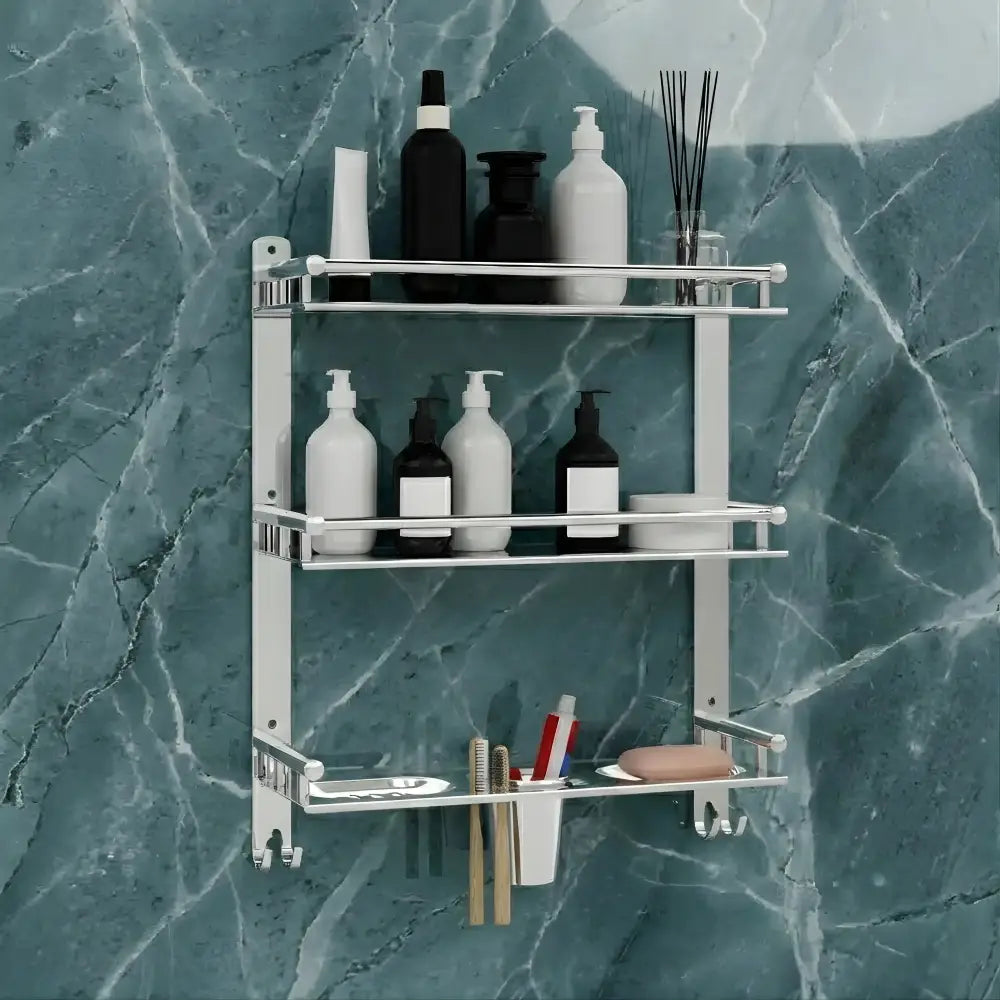 Gloxy Stainless Steel 3-Layer Chrome Finish Bathroom Shelf with Double Soap Dish,Toothbrush Holder & Hooks