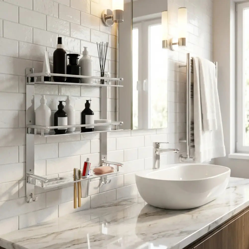 Gloxy Stainless Steel 3-Layer Chrome Finish Bathroom Shelf with Double Soap Dish,Toothbrush Holder & Hooks