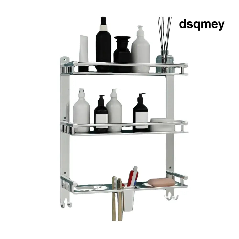 Gloxy Stainless Steel 3-Layer Chrome Finish Bathroom Shelf with Double Soap Dish,Toothbrush Holder & Hooks