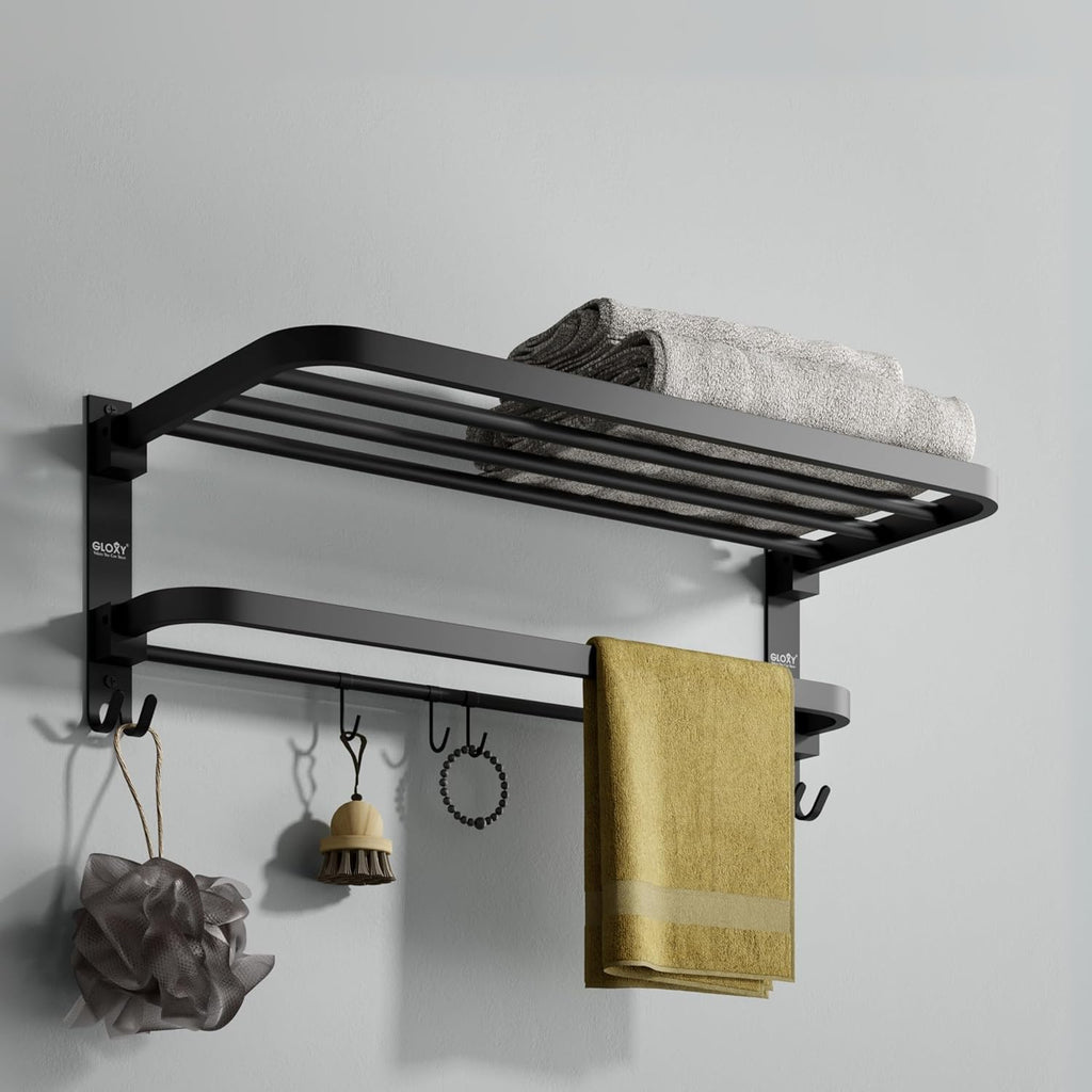 Gloxy Round Shape Stainless Steel Black Finsih Towel Bathroom Rack with Folding Bar-24 Inch