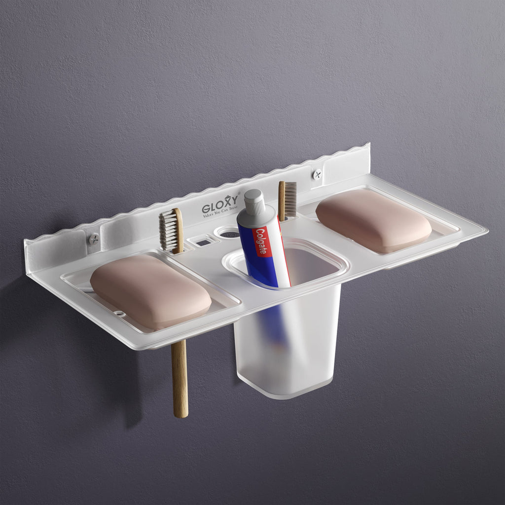 Gloxy Acrylic Matt Finish Plastic Soap Holder With Toothbrush & Toothpaste Holder
