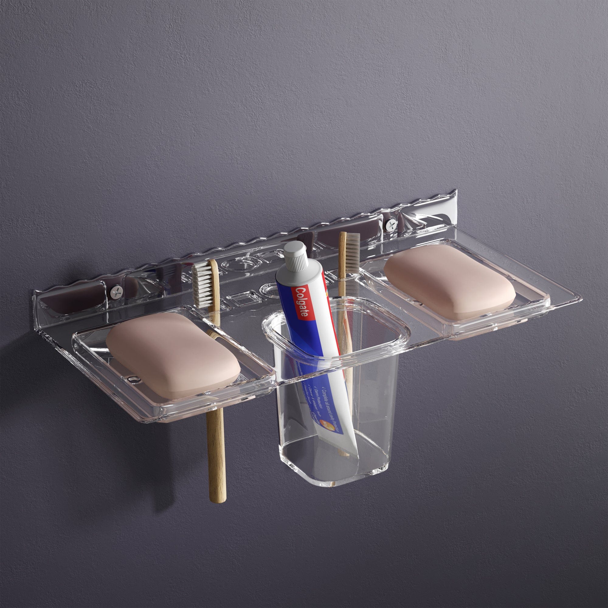 Gloxy Acrylic Transparent Double Soap Holder With Toothbrush And Brush Holder