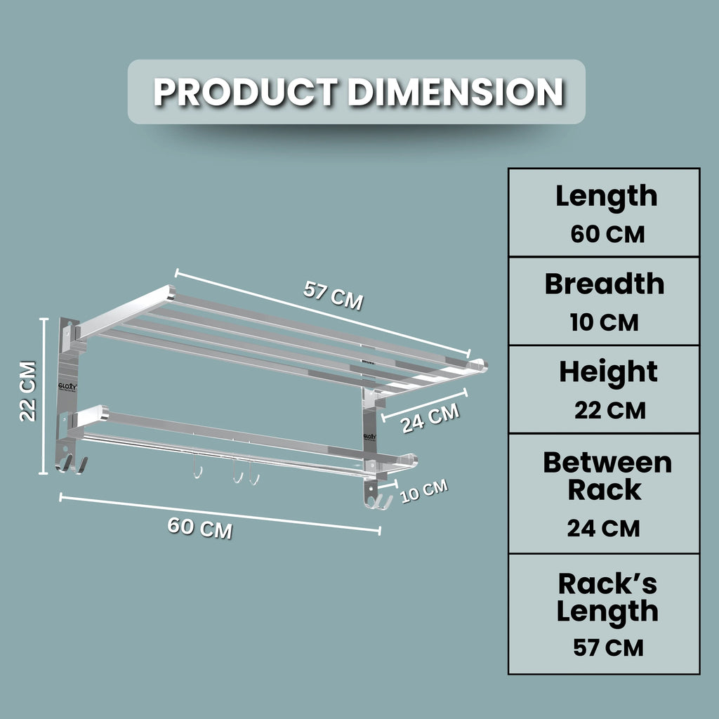 Gloxy Rectangular Shape Stainless Steel Chrome Finsih Foldable Towel Rack-24 Inch