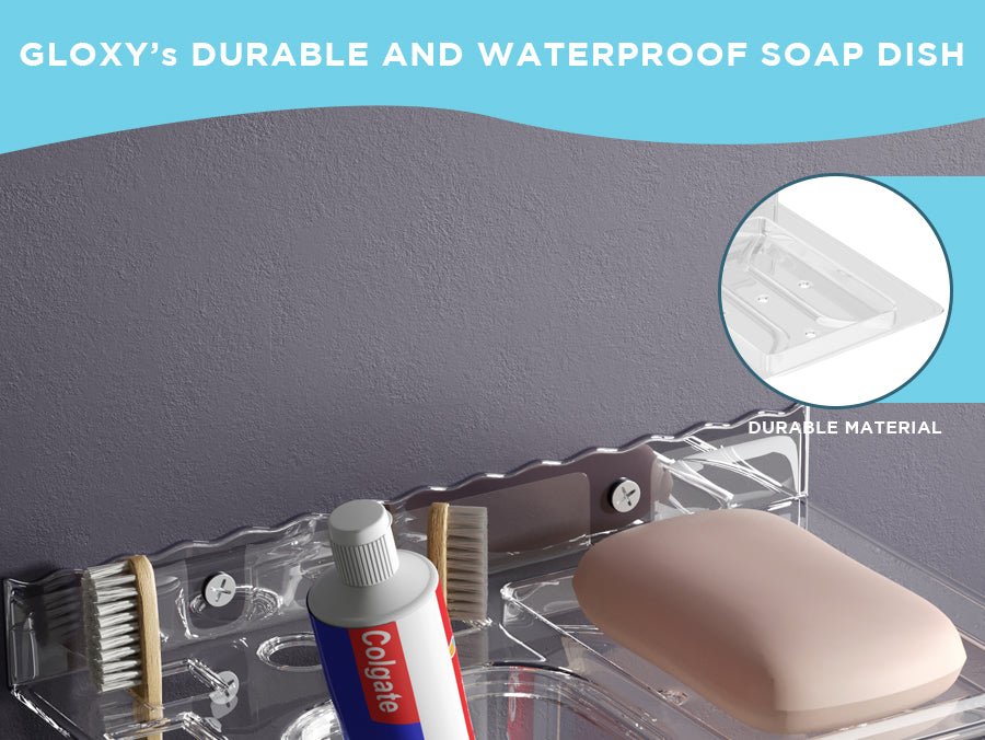 Gloxy Acrylic Transparent Single Soap Holder With Toothbrush And Toothpaste Holder